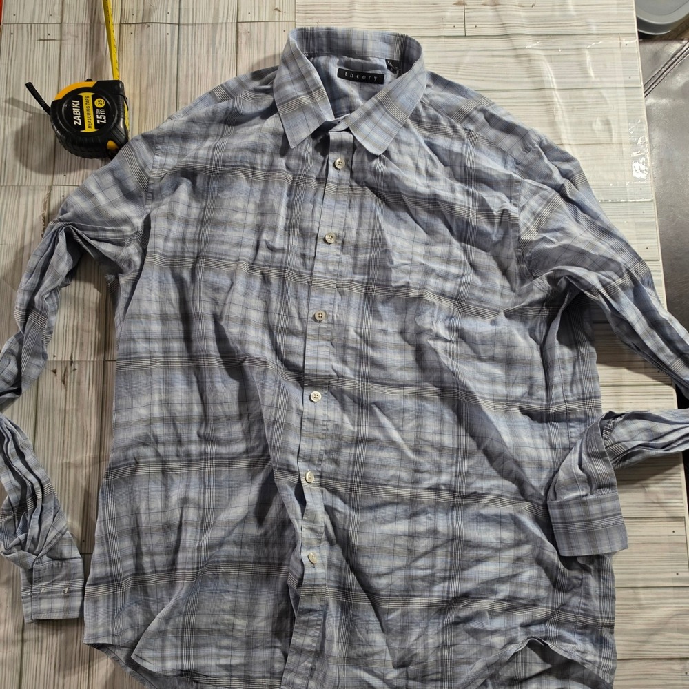 Theory Mens XL Blue Grey Plaid Long Sleeve Button Down Shirt Casual Dress Shirt